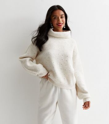 Petite Off White Knit Embellished Roll Neck Jumper New Look