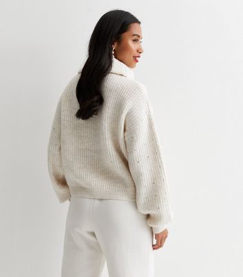 Petite Off White Knit Embellished Roll Neck Jumper New Look