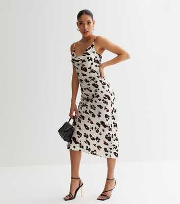 White Leopard Print Cowl Neck Midi Slip Dress