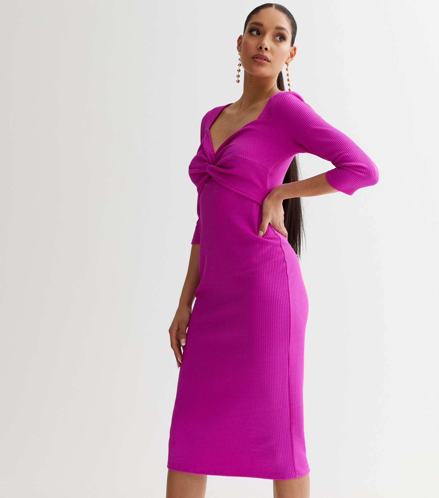Purple Ribbed Cut Out Twist Midi Dress Image 3