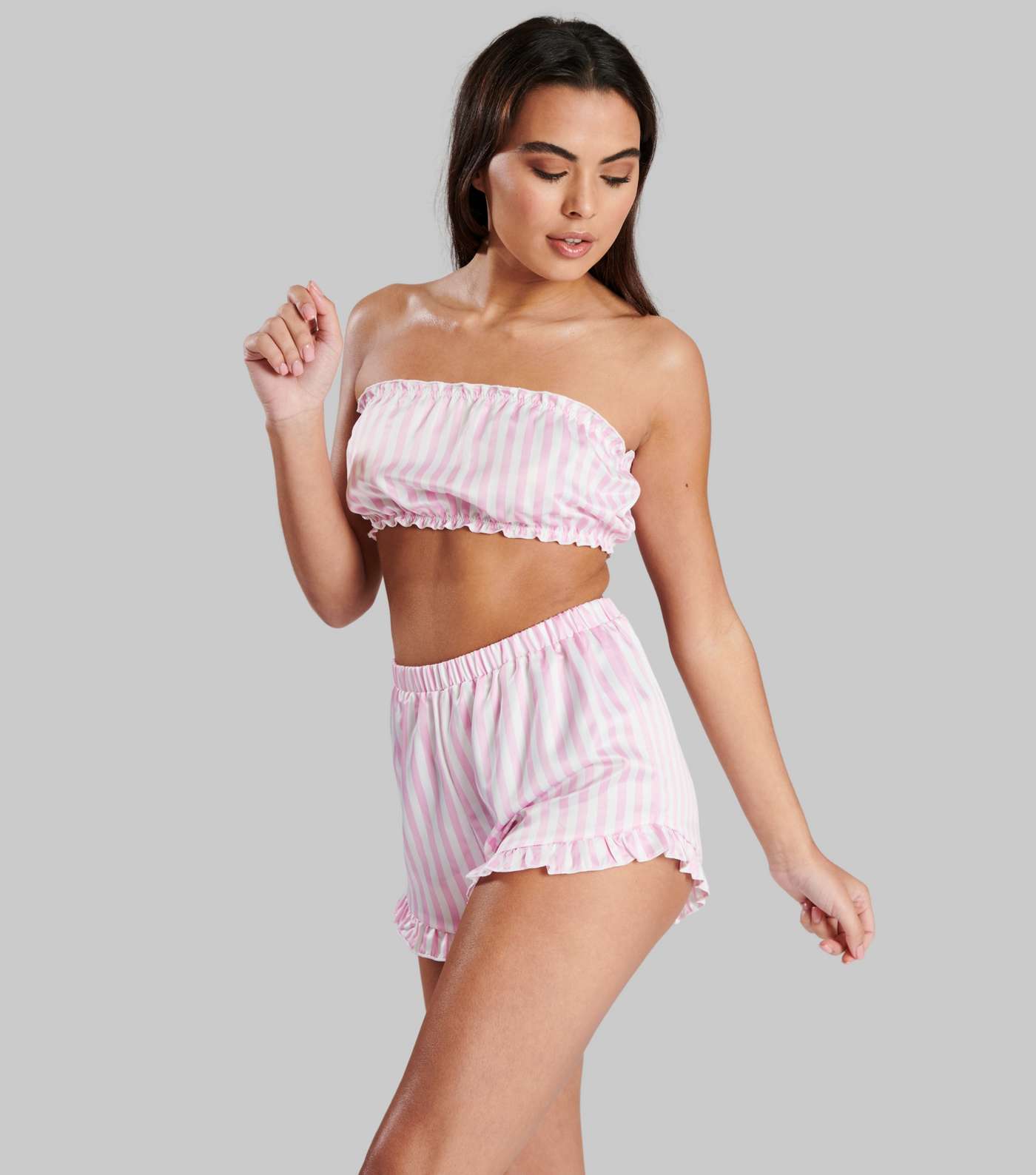 Loungeable Pink Satin Short Pyjama Set with Stripe Print Image 5
