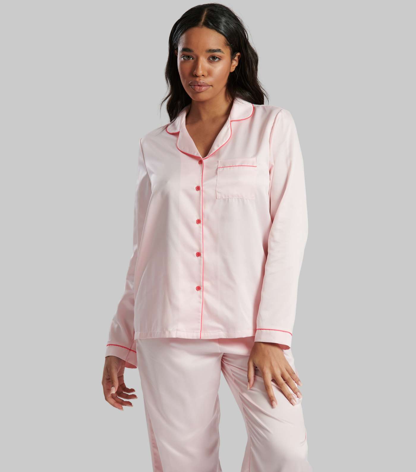 Loungeable Pink Piping Satin Shirt Pyjama Set Image 3