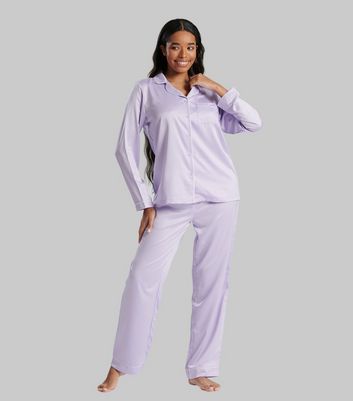 Loungeable Lilac Piping Satin Shirt Pyjama Set New Look