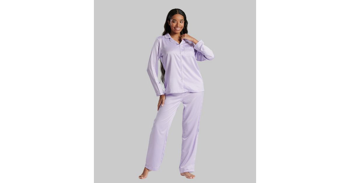 Women's Poplin Pyjamas, Soft Lilac Stripe with Cherry Red Piping