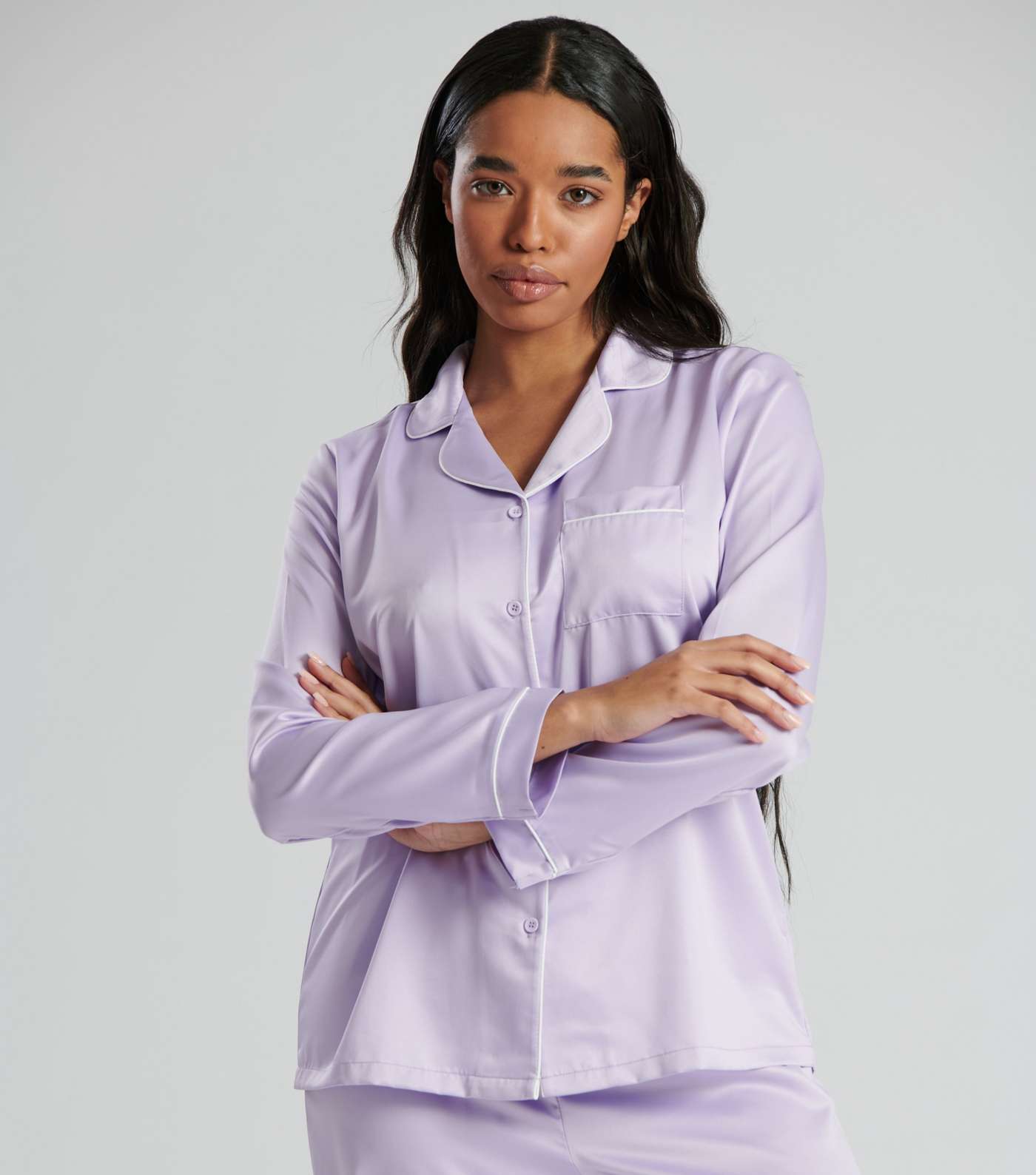 Loungeable Lilac Piping Satin Shirt Pyjama Set Image 2