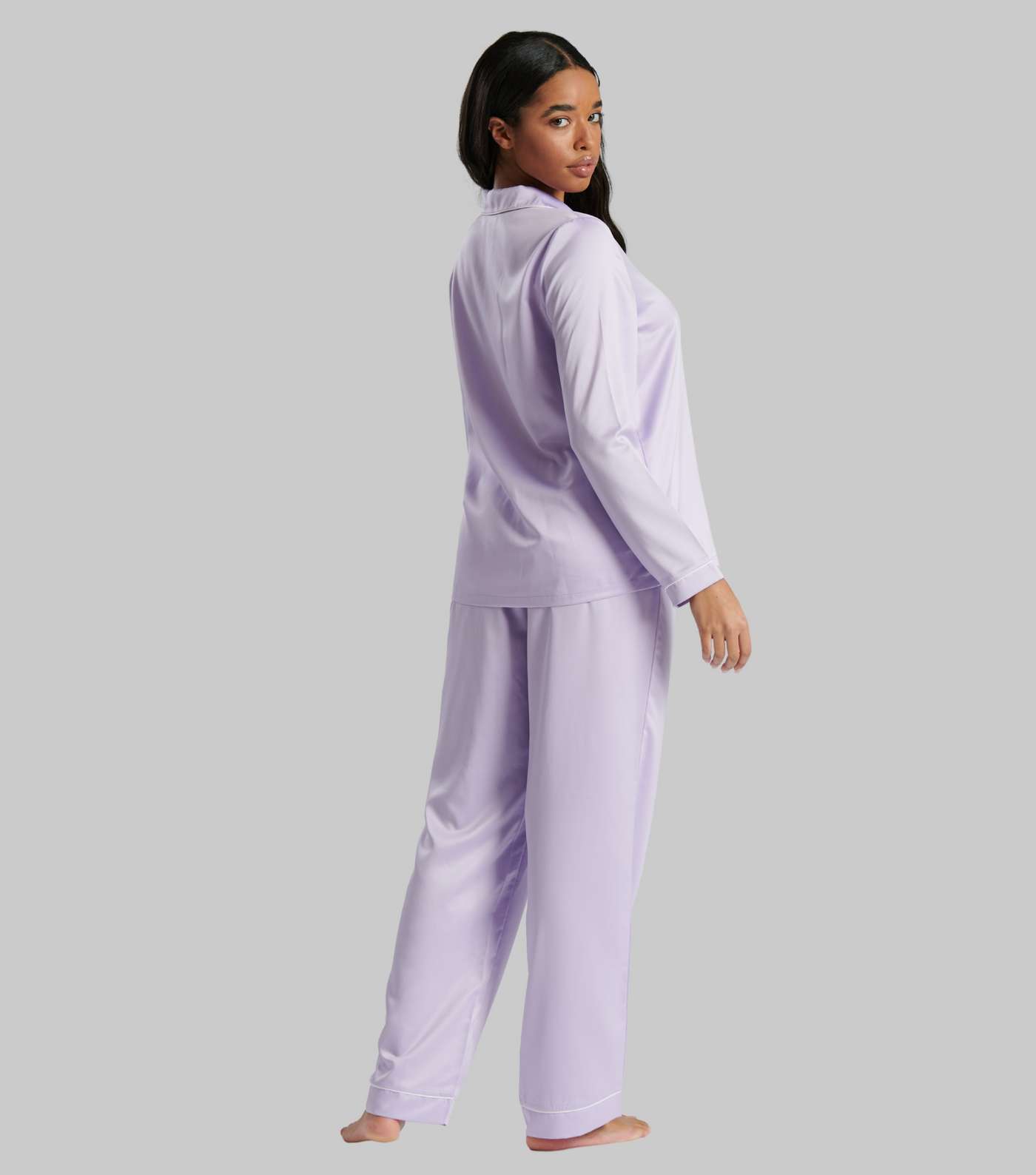 Loungeable Lilac Piping Satin Shirt Pyjama Set Image 4