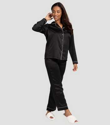 Loungeable Black Piping Satin Shirt Pyjama Set