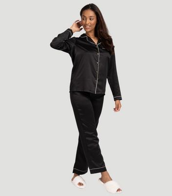 Loungeable Black Piping Satin Shirt Pyjama Set | New Look