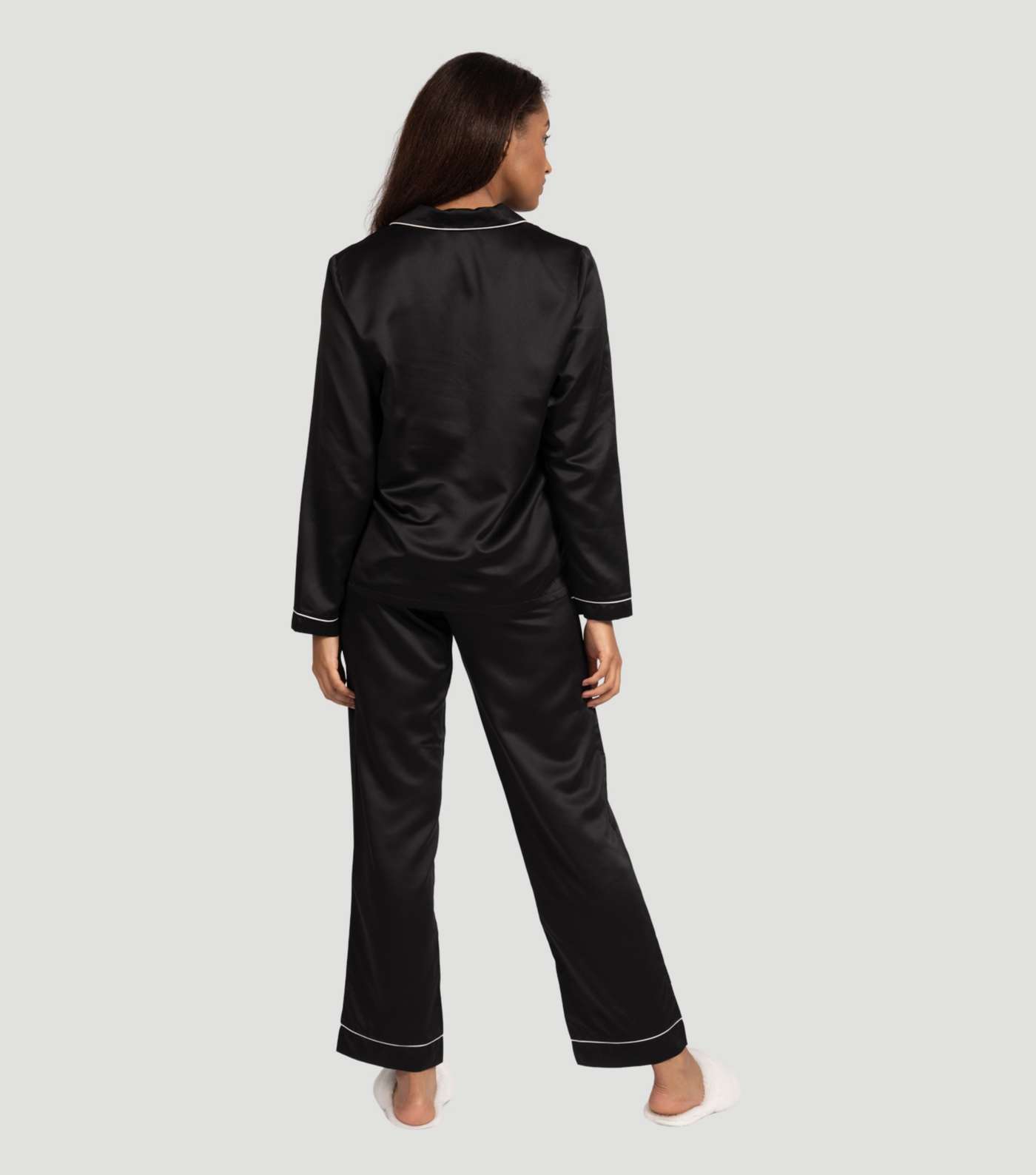 Loungeable Black Piping Satin Shirt Pyjama Set Image 3