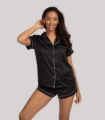 Loungeable Black Satin Piped Shirt and Short Pyjama Set
