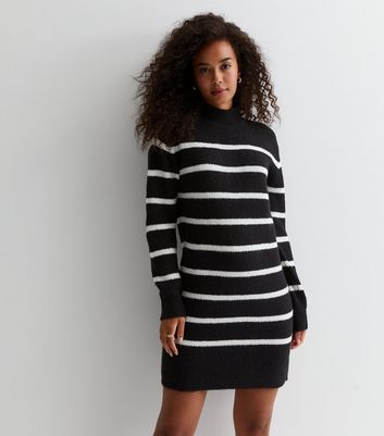 Tall Black Stripe Knit Turtle Neck Mini Dress | New Look