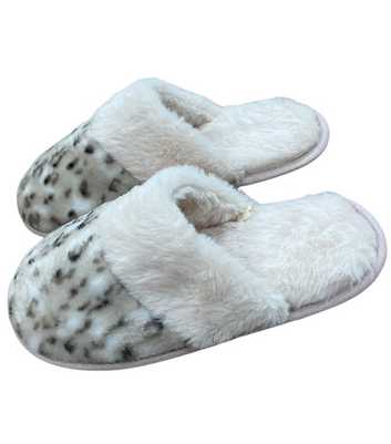 Loungeable Light Grey Leopard Print Faux Fur Slippers