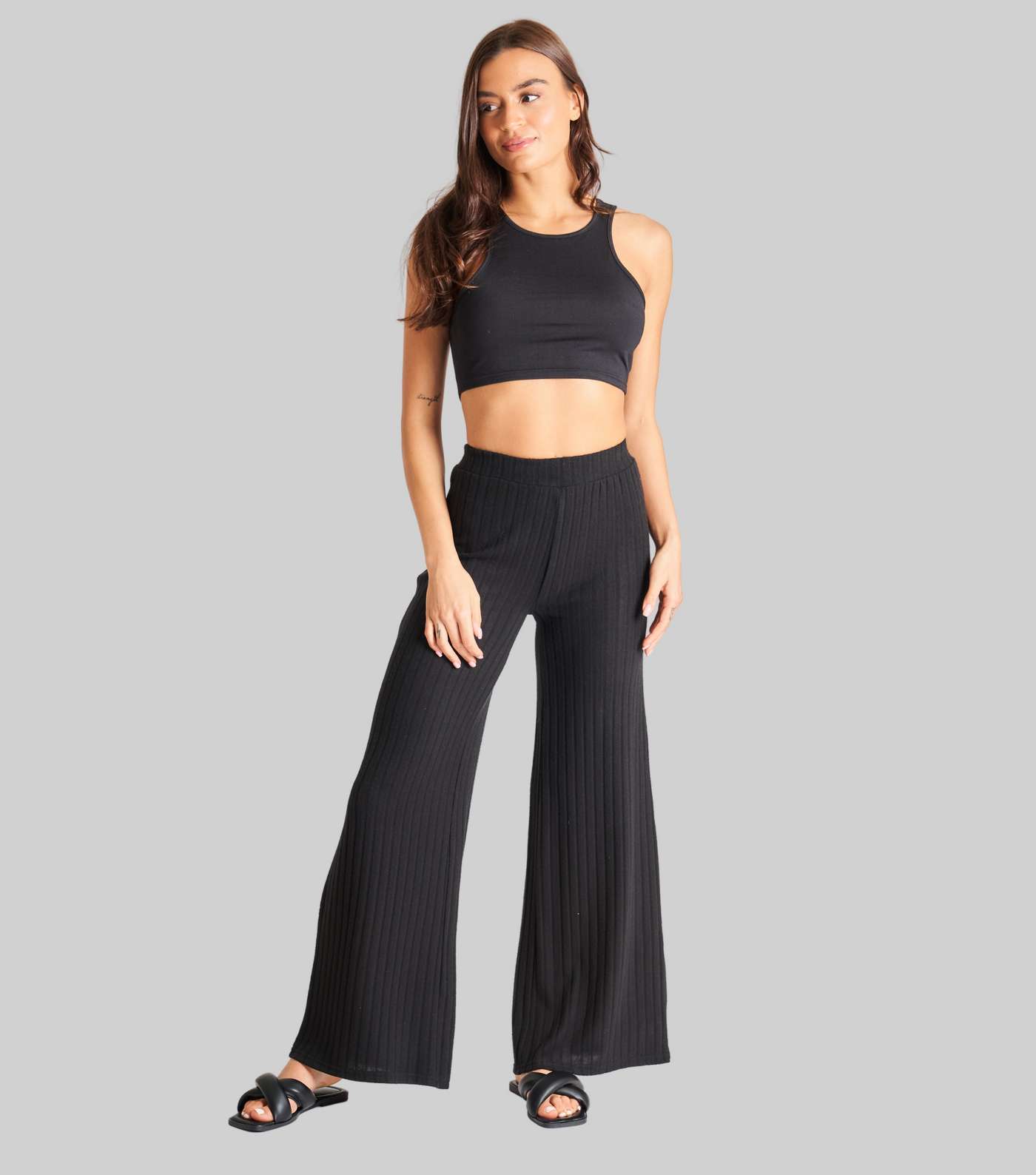 South Beach Black Ribbed Knit High Waist Wide Leg Trousers Image 3
