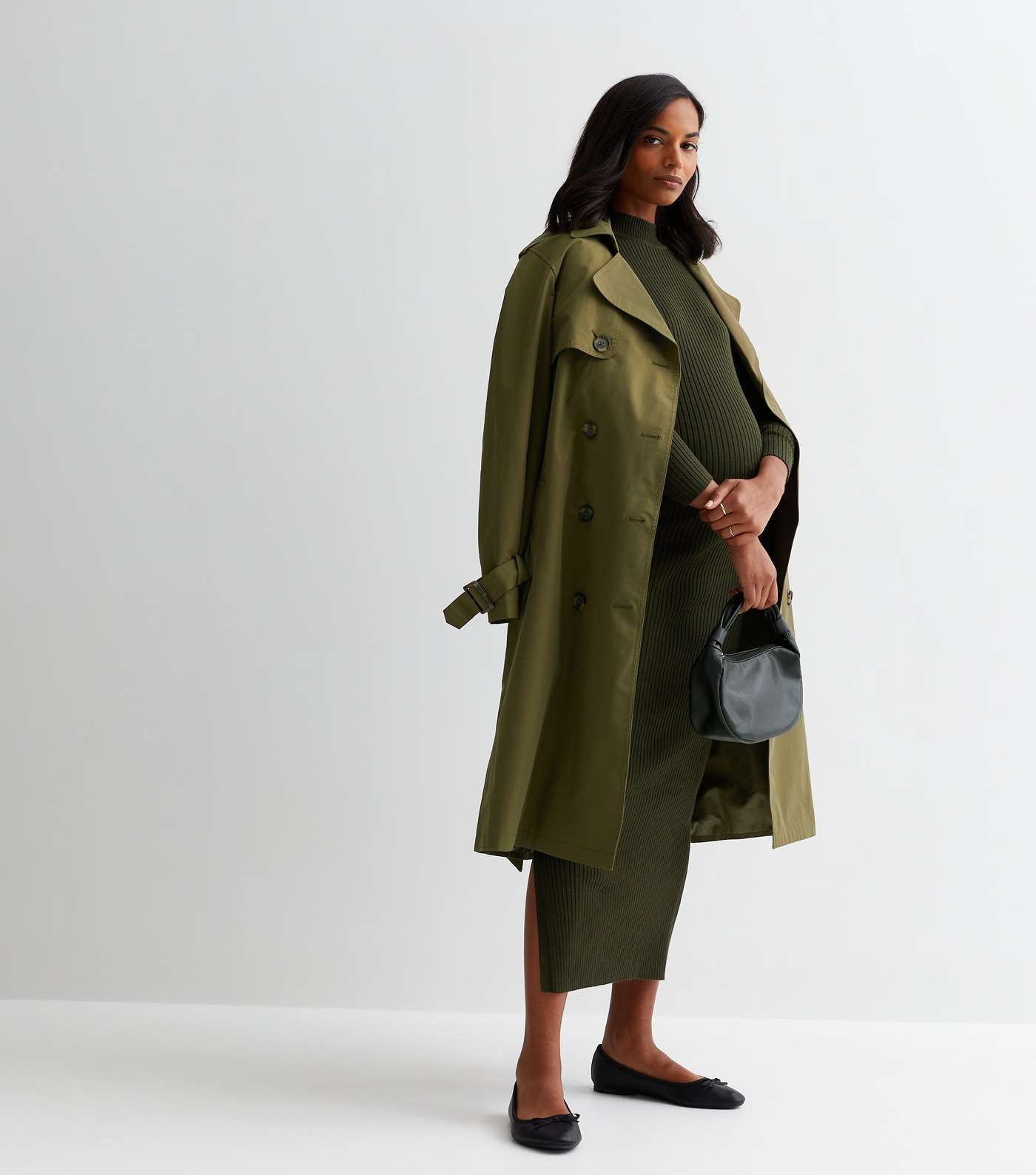 Maternity Khaki Knit Split Hem Midi Dress Image 3