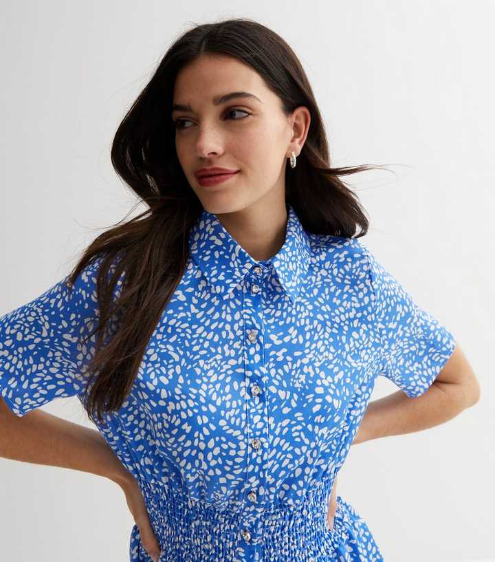 Cameo Rose Blue Animal Print Shirred Mini Shirt Dress | New Look