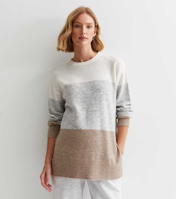 Maternity Off White Fine Knit Colour Block Long Sleeve Jumper