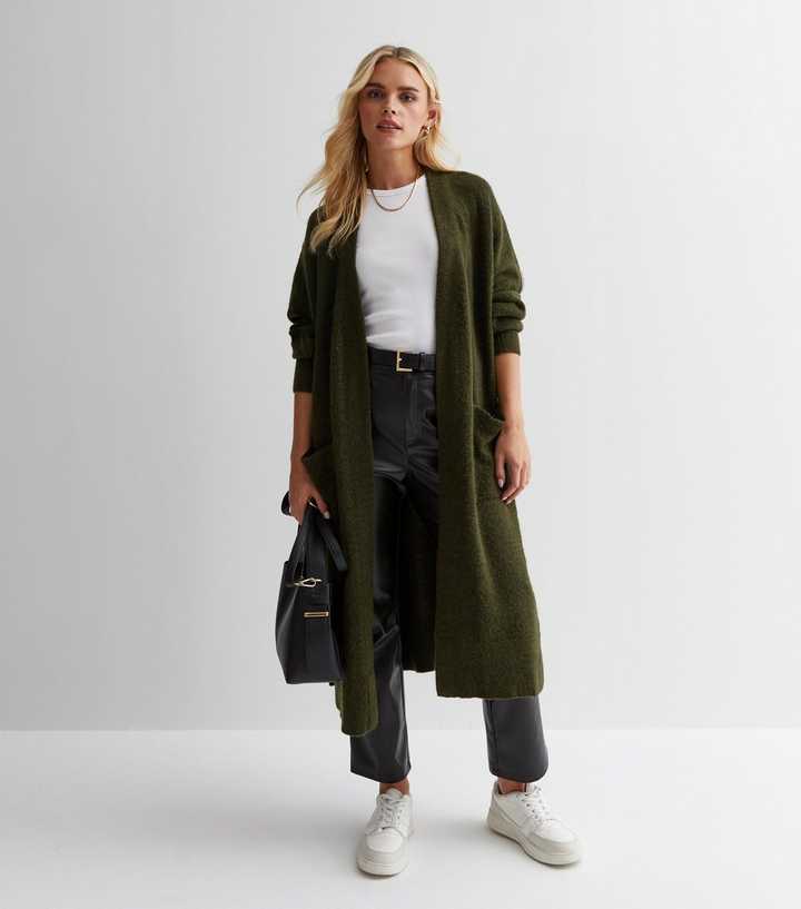 Petite Khaki Knit Pocket Front Long Cardigan