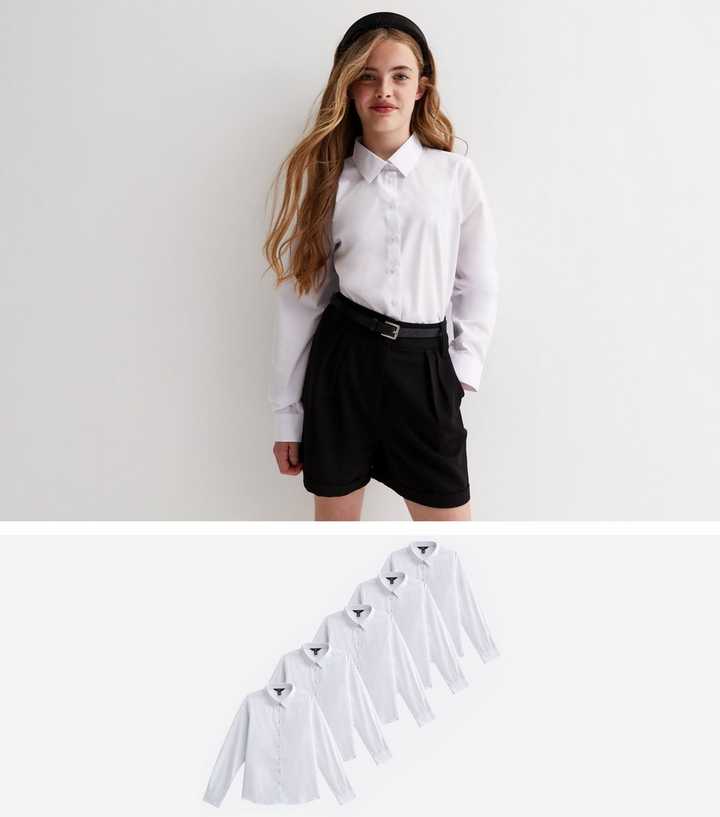 Girls 5 Pack White Long Sleeve Regular Fit School Shirts