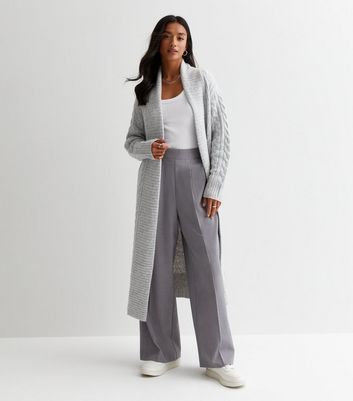 Petite Pale Grey Cable Knit Long Cardigan New Look