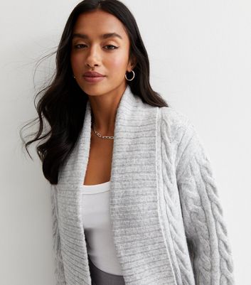 Petite Pale Grey Cable Knit Long Cardigan New Look