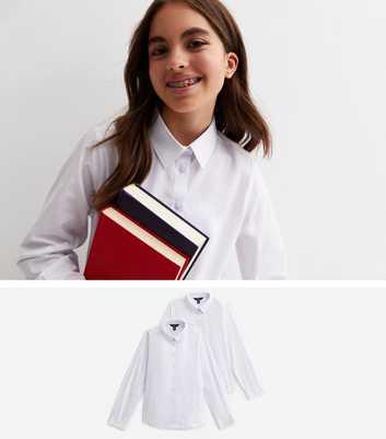 Girls 2 Pack White Long Sleeve Slim Fit School Shirts