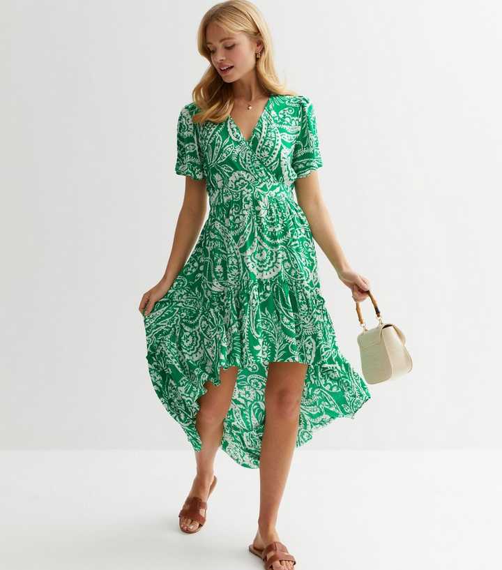 Cameo Rose Green Paisley Dip Hem Midi Wrap Dress