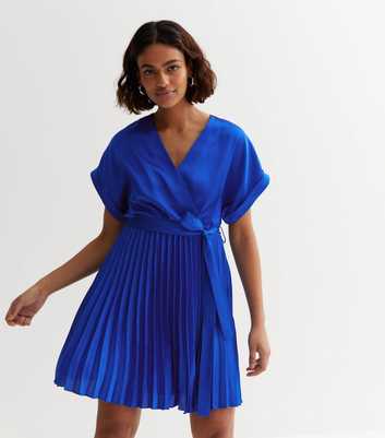 Petite Blue Satin Pleated Mini Wrap Dress