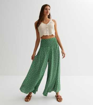 Cameo Rose Green Leopard Print Pleated Wide Leg Trousers
