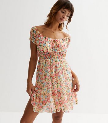 Cameo Rose Yellow Floral Shirred Bardot Mini Dress