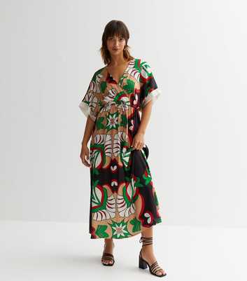 Cameo Rose Black Abstract V Neck Maxi Kimono Dress