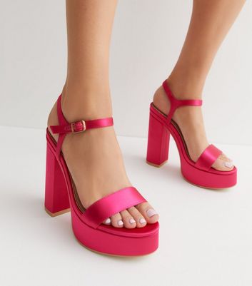 Little Mistress Bright Pink Satin Platform Block Heel Sandals New Look