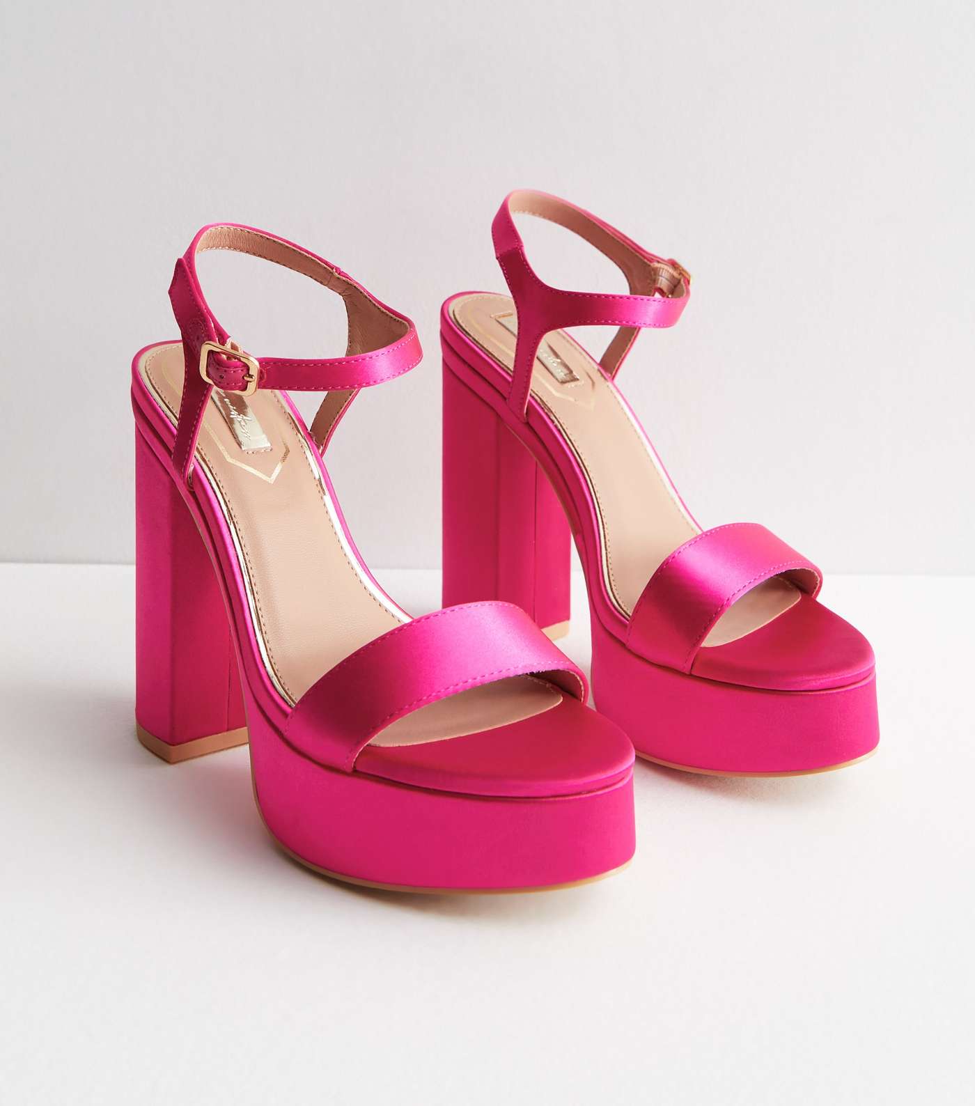 Little Mistress Bright Pink Satin Platform Block Heel Sandals Image 3