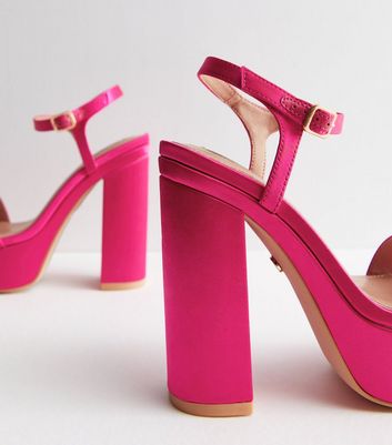 Little Mistress Bright Pink Satin Platform Block Heel Sandals | New Look
