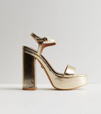 Little Mistress Gold Faux Croc Platform Block Heel Sandals