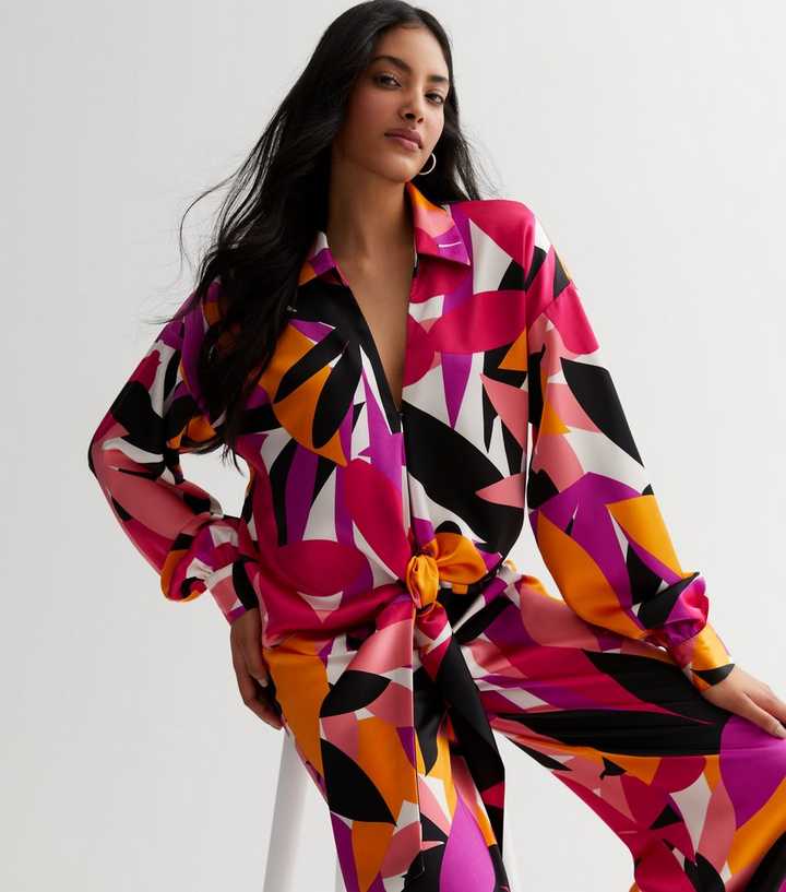 Pink Tropical Satin Tie Front Shirt