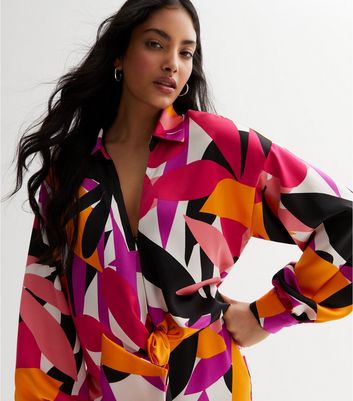 Pink Tropical Satin Tie Front Shirt New Look
