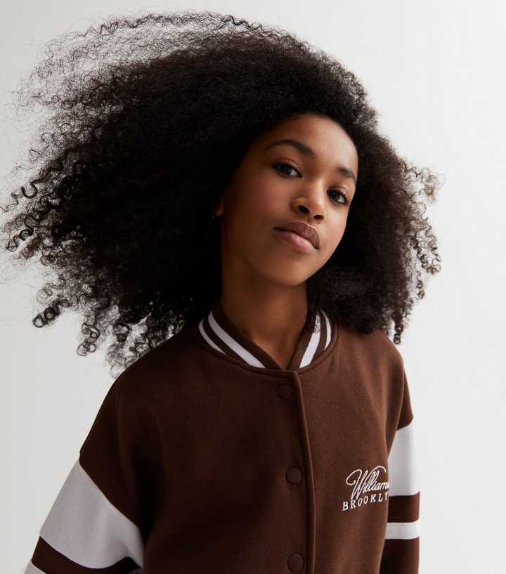 Girls Brown Brooklyn Logo Varsity Bomber Jacket | New Look