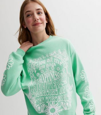 Girls Mint Green Floral Happiness Laughter Logo Sweatshirt