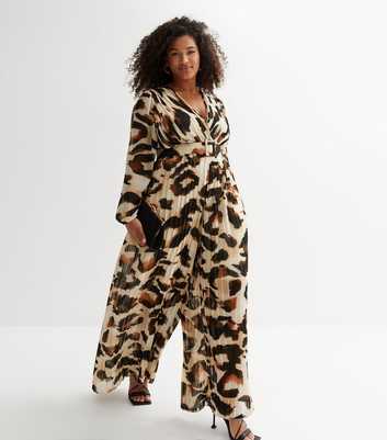 Curves Brown Leopard Print Pleated Jumpsuit