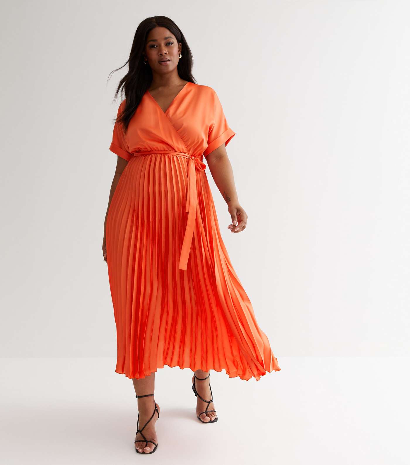 Curves Coral Satin Pleated Midaxi Wrap Dress Image 3