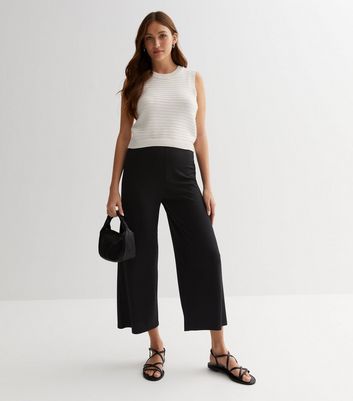 Black Ribbed Wide Leg Crop Trousers  New Look