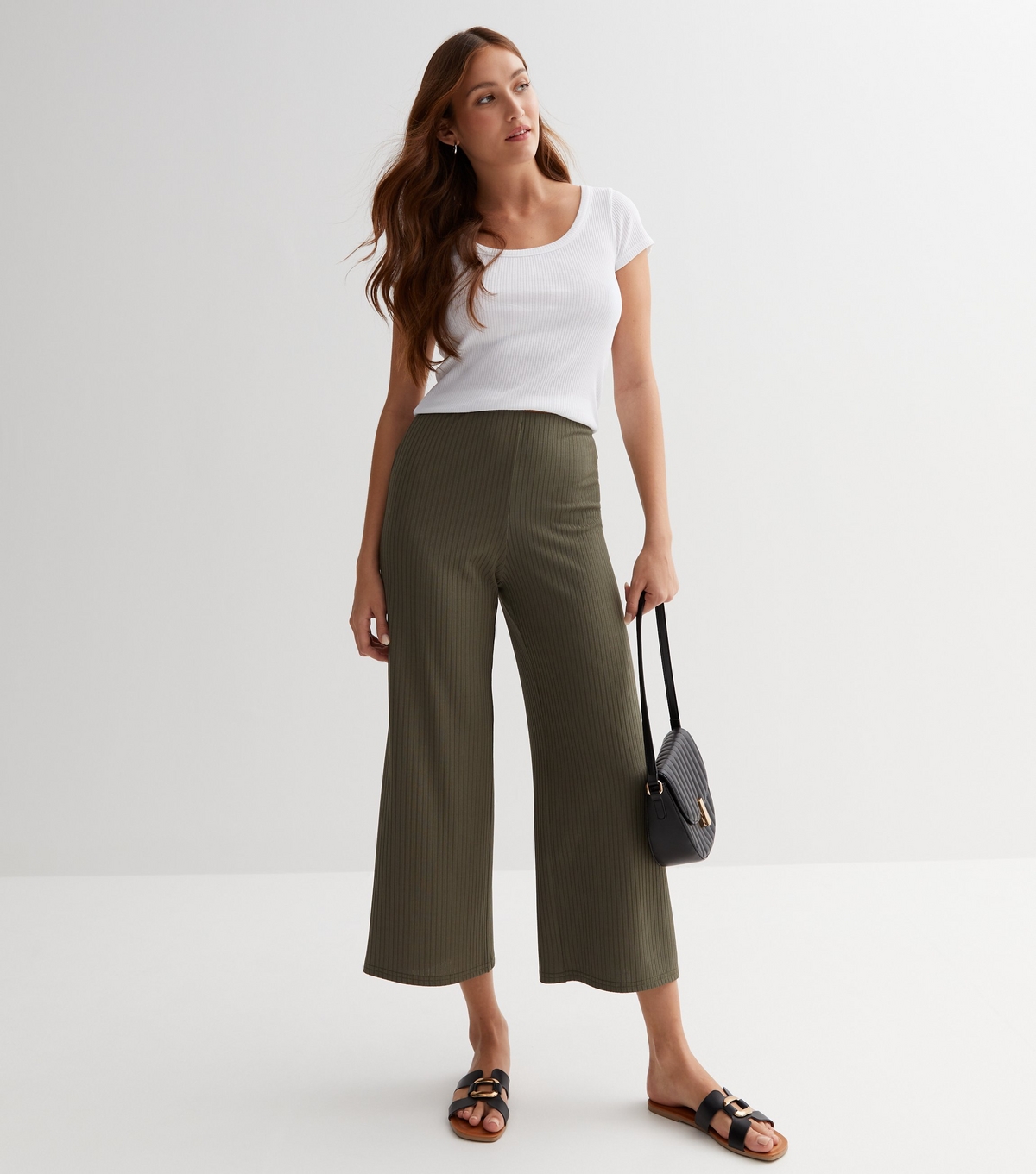 Women's Khaki Ribbed Wide Leg Crop Trousers New Look