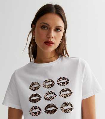 White Leopard Print Lips Logo T-Shirt