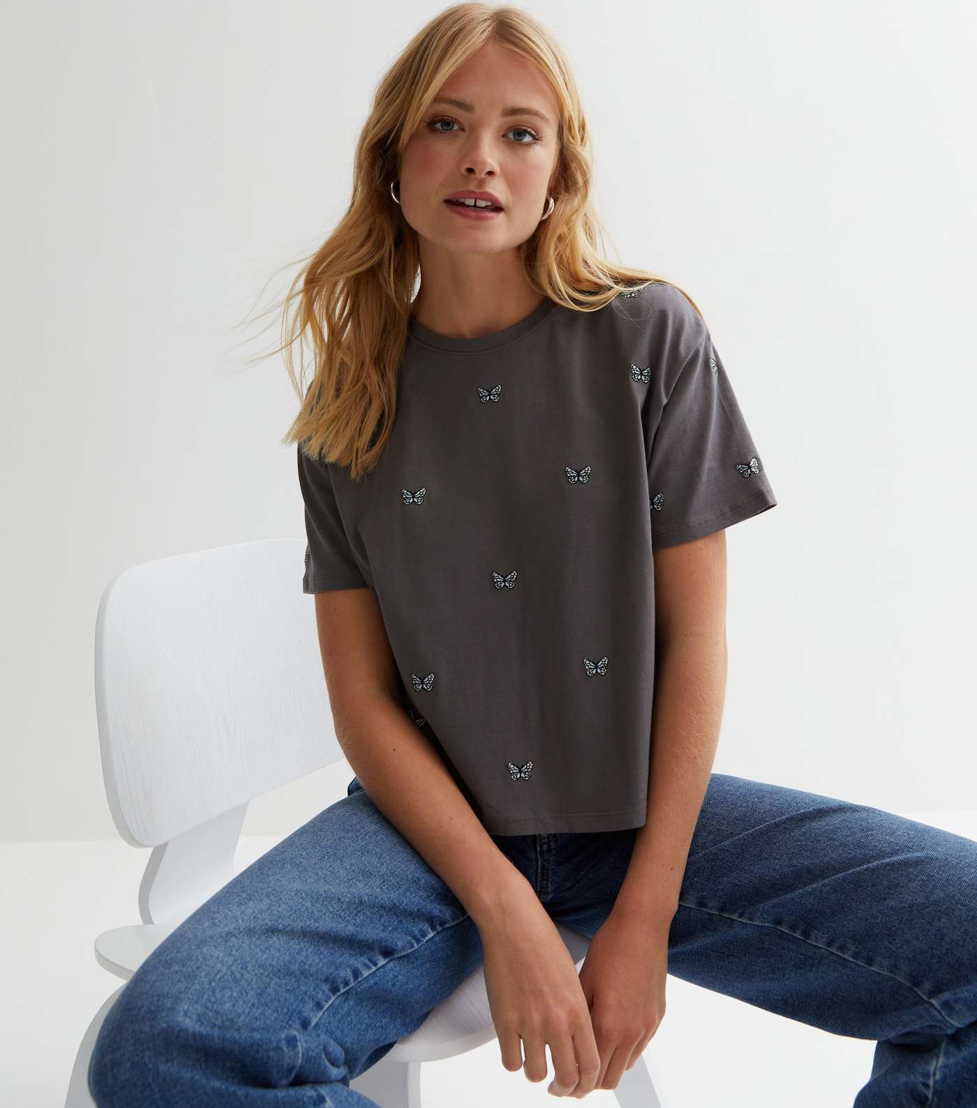 Dark Grey Butterfly Embroidered Boxy T-Shirt