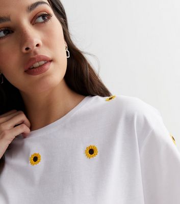 White Sunflower Embroidered Cotton Boxy T-Shirt | New Look