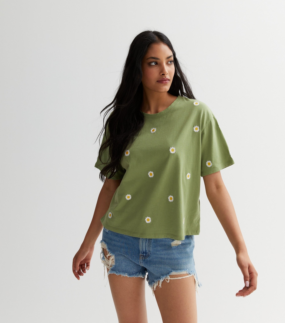 Women's Khaki Daisy Cotton Embroidered Boxy T-Shirt New Look