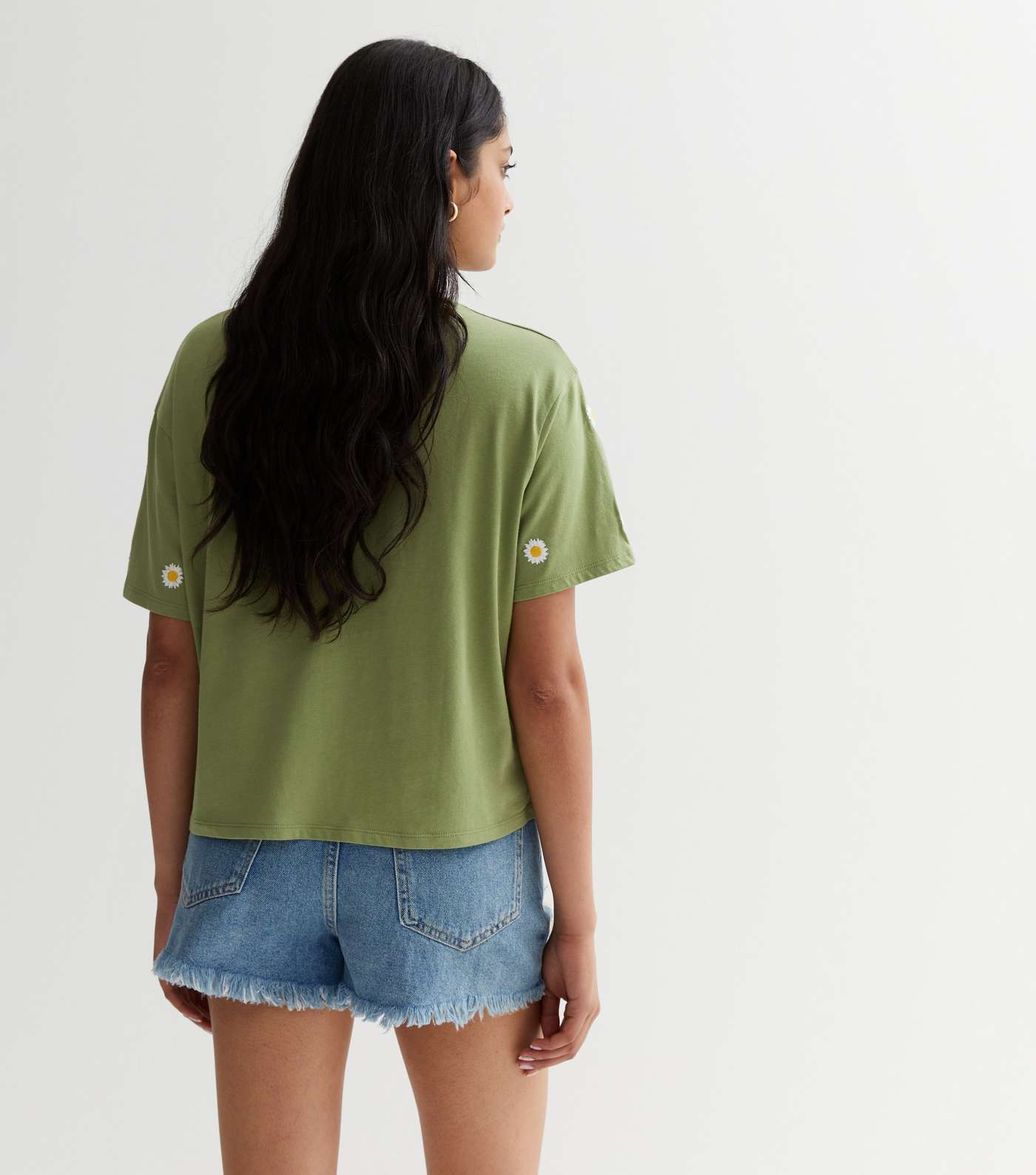 Khaki Daisy Cotton Embroidered Boxy T-Shirt Image 4