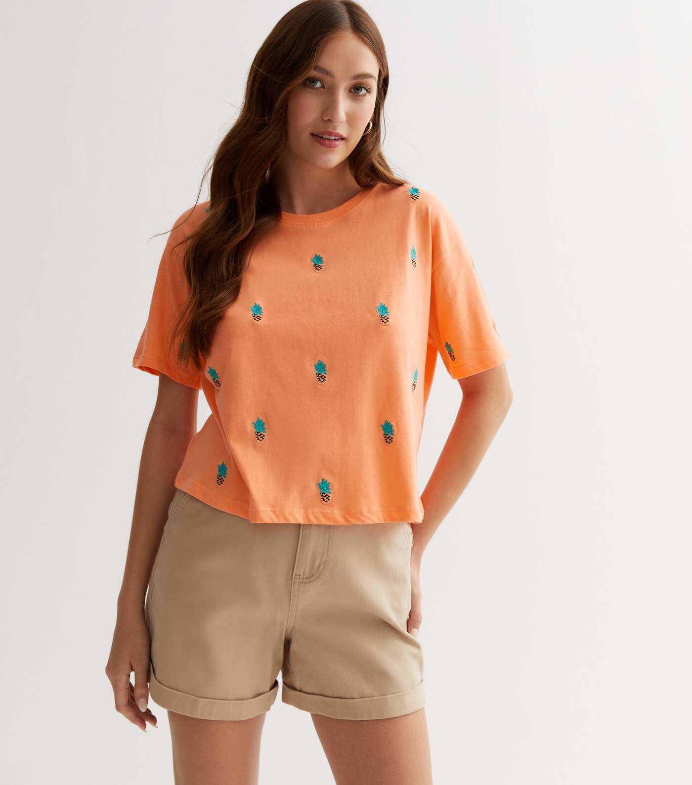 Coral Pineapple Embroidered Boxy T-Shirt Image 2