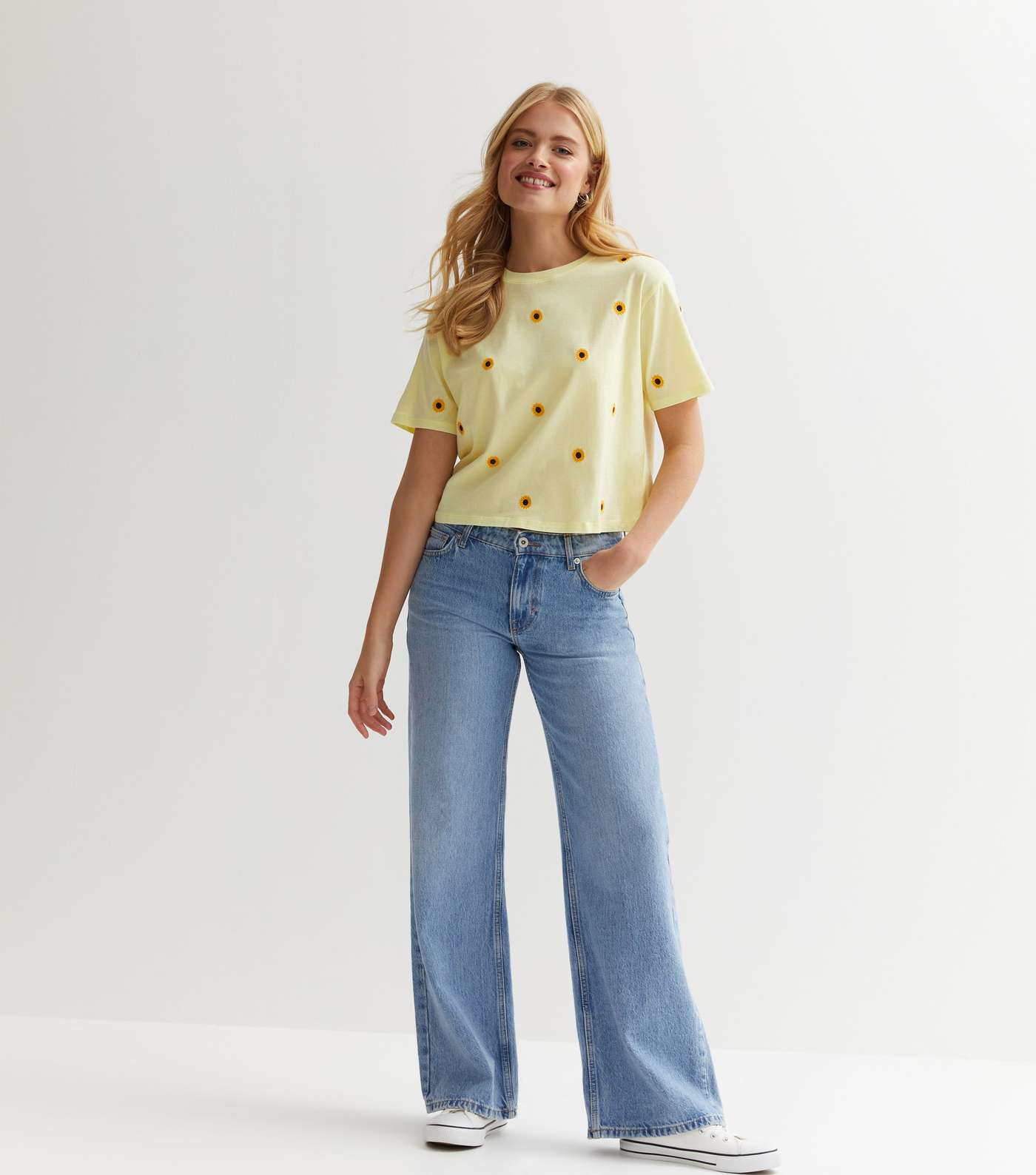 Pale Yellow Sunflower Embroidered Boxy T-Shirt Image 3