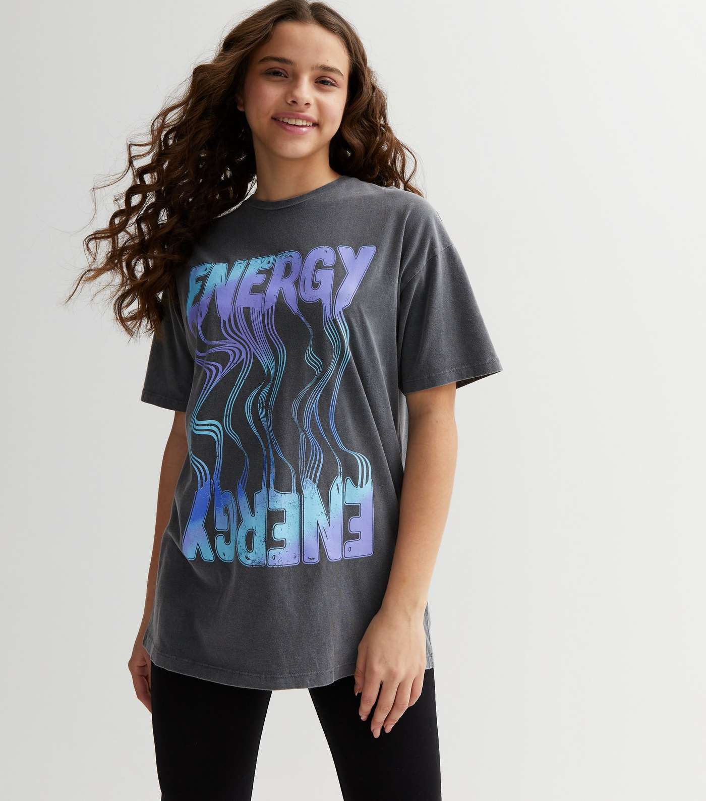 Girls Dark Grey Ombré Energy Logo Long Oversized T-Shirt